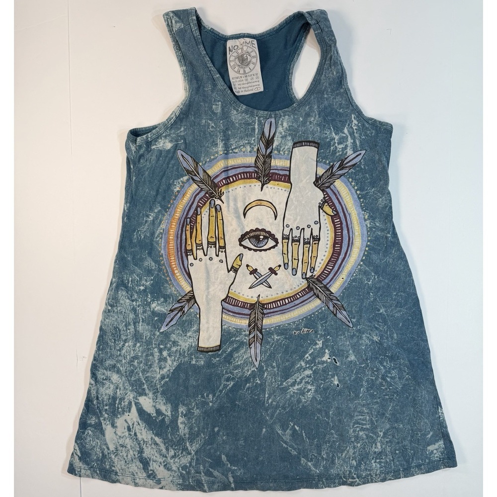 No Time Graphic Tank Top Womens Medium Boho Spiritual Acid Wash Sleeveless